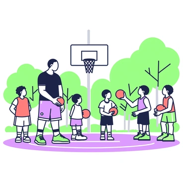Michael Jordan is standing on an outdoor basketball court, surrounded by a group of young kids eager to learn. He is wearing a black athletic shirt and shorts, along with basketball shoes. The kids are dressed in various colorful jerseys and shorts, some holding basketballs. In the background, a hoop is visible with a net, and there are trees providing shade along the edges of the court. The atmosphere is lively as the kids listen attentively to Jordan, who is demonstrating dribbling techniques with a ball in one hand. Some kids are practicing their shots, while others are watching intently, excited to receive coaching tips.