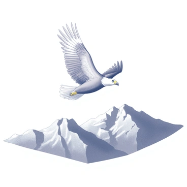 An eagle with a strong wingspan is gliding through the air. Below, a vast mountain range stretches across the landscape, with rugged peaks rising sharply into the sky. The mountains are depicted with detailed textures of rock and ridges, creating a sense of depth and scale. The eagle appears poised and graceful as it navigates the currents of wind, embodying a sense of freedom and power in its flight.
