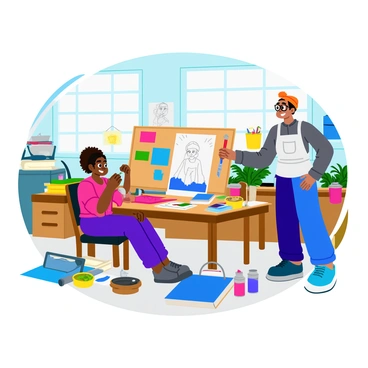 Two illustrators are collaborating in a bright, cluttered art studio filled with various art supplies. One illustrator, a woman with curly hair, is sitting at a large wooden desk covered in sketchbooks, colored pencils, and paint tubes. She is holding a paintbrush and focused on a colorful canvas. The other illustrator, a man with glasses and a beanie, stands nearby, examining a large sketch pinned to a corkboard. Around them, the walls are adorned with vibrant artwork, and piles of paper and brushes are scattered throughout the room. Natural light streams in through large windows, illuminating the lively atmosphere of creativity and collaboration.