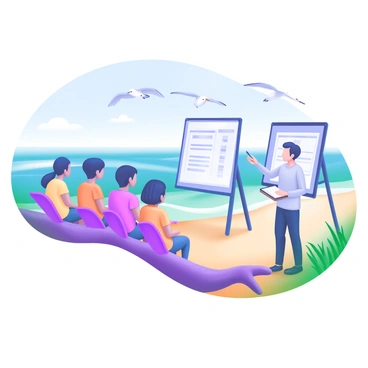 A modern pastel illustration depicting a seaside lecture scene. In the foreground, a group of students are seated on smooth driftwood, their postures showing they are listening intently. Each student has a notebook and pen, ready to take notes. The lecturer stands nearby, gesturing towards a large flip chart displaying key points. The ocean waves gently lap at the shore, and seagulls can be seen soaring overhead against a clear blue sky. The sandy beach has patches of green sea grass, and the sun casts a warm glow over the entire scene.