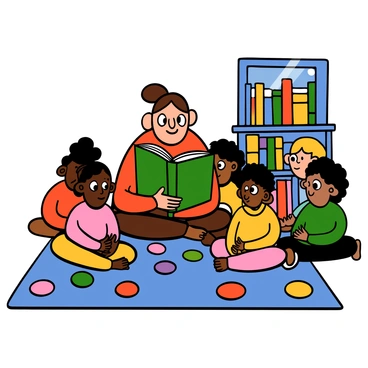 A teacher with light skin and short brown hair is sitting on a large, colorful library rug. She is holding an open storybook in her hands, engagingly reading aloud. Surrounding her are attentive children, a diverse group with various skin tones and hairstyles. Some children have big eyes and are sitting cross-legged, while others lean in closer, captivated by the story. The library shelves in the background are filled with colorful books, contributing to the cozy atmosphere. The sunlight streams in through a nearby window, illuminating the scene.
