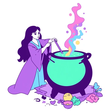 A teal cauldron is positioned on a stone surface, filled with a bubbling, colorful potion that emits vibrant steam. A girl named "Meg" stands beside the cauldron, her hair flowing freely as she stirs the potion with a wooden spoon. She is wearing a long, flowing robe that is a mix of purple and blue shades. Various magical ingredients, such as glowing herbs and sparkling crystals, are scattered around the base of the cauldron. The atmosphere is lively with the potion creating an array of colorful swirls and bubbles.