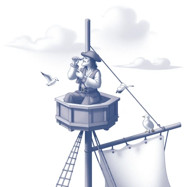 A lookout pirate is perched in the crow's nest, which is a small platform at the top of a tall mast. The pirate wears a weathered tricorn hat and has a telescope at eye level, scanning the horizon for ships or land. The crow's nest is secured with ropes and wooden planks, providing a vantage point that overlooks the ship's deck below. The pirate's clothes are tattered and rugged, reflecting years at sea. The ship's sails are partially unfurled, and there are seagulls flying nearby, adding to the nautical scene. The sky above is expansive, with scattered clouds.