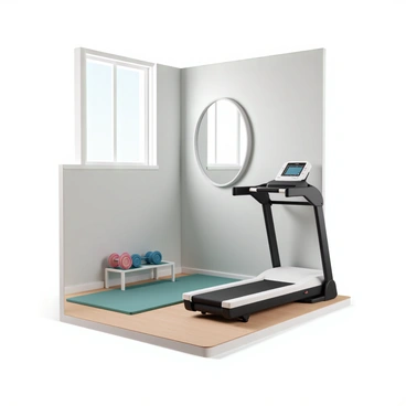 A small home gym setup, featuring a compact space with light grey walls and a wooden floor. In the corner, there are two sets of dumbbells, one set in bright red and the other in blue, neatly arranged on a small rack. Adjacent to the dumbbells, there is a modern treadmill with a digital display and a black frame, positioned against the wall. A fitness mat in a vibrant green color lies on the floor, and a large mirror reflects the entire setup. Natural light streams in through a nearby window, illuminating the space.