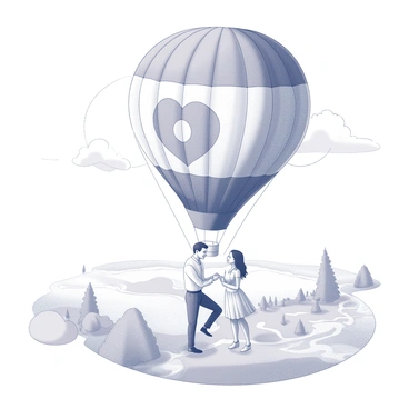 A couple is inside a hot air balloon, suspended high above the ground. The hot air balloon features a large, round envelope with a distinctive pattern, and a basket where the couple stands. The man is down on one knee, holding an engagement ring towards the woman, who looks surprised and delighted. Below them, a bird's-eye view reveals patches of land, trees, and winding rivers. The sky is vast, with fluffy clouds surrounding the balloon, adding to the sense of height and adventure.