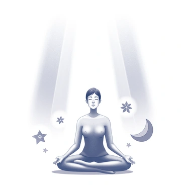A radiant beam of white light streams down from the sky, illuminating a figure seated in a meditative pose. The figure has a serene expression, with eyes closed and hands resting on the knees. Surrounding the figure are various symbols representing spiritual energy, including geometric shapes and floral patterns. The scene conveys a sense of balance and harmony, with the light creating an aura of tranquility around the figure.