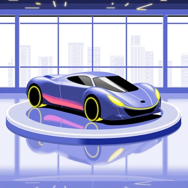 A glossy, futuristic car model rotating on a platform in a showroom