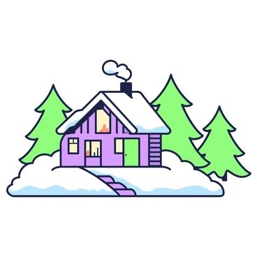 A small cozy cabin surrounded by snow-topped pine trees in winter