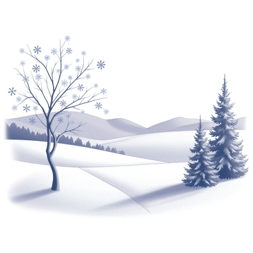 A winter landscape featuring a vast expanse of snow-covered ground. The scene is adorned with "guirlandes" made of intricate snowflakes and "icy crystals" delicately hanging from branches of bare trees. In the foreground, a cluster of evergreen trees, their branches heavily laden with snow, adds texture to the scene. The sky is overcast, creating a soft light that enhances the wintry atmosphere. In the distance, gentle hills roll under a blanket of white snow, completing the serene outdoor winter scene.