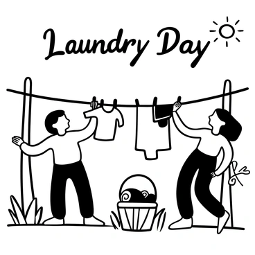 A couple joyfully hanging laundry on a clothesline in a backyard. The man is lifting a colorful shirt to hang, while the woman is stretching a sheet across the line. There are wooden clothespins in her hand. A basket filled with folded clothes is placed nearby on a patch of grass. In the background, there are trees with branches swaying gently. A sun is positioned high above, casting shadows on the ground. The words "Laundry Day" are displayed in an artistic font above the scene.