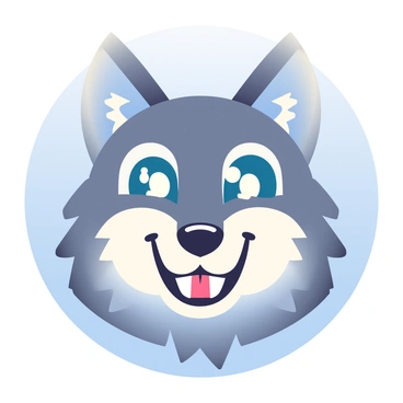 A wolf's head is centered in the image, featuring large, expressive eyes that are bright blue with prominent highlights. The ears are tall and pointed, with a fuzzy texture, giving them a lively appearance. The snout is elongated and has a slight curve, adorned with sharp teeth that gleam. The fur is a vibrant blend of shades, including deep gray, white, and hints of blue that add depth. The background is a soft gradient that transitions from light blue at the top to pale gray at the bottom, creating a gentle atmosphere around the wolf's head.