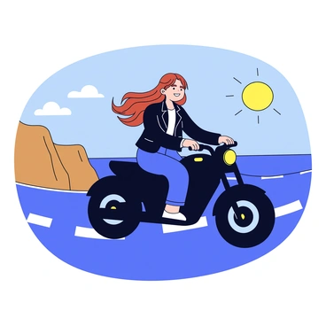 A young woman with long, flowing brown hair rides a sleek black motorcycle. She wears a fitted black leather jacket and blue jeans. The motorcycle is positioned on a winding coastal road, with a backdrop of cliffs and the ocean in the distance. The sky is clear with a few fluffy white clouds, and the sun casts a warm light on the scene. The woman has a confident expression as she rides, with her hair billowing in the wind.