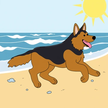 A German shepherd with a shiny black and tan coat is running energetically along a sandy beach. The dog's ears are perked up and its tongue is out, displaying joy in its expression. In the background, several gentle waves are crashing onto the shore, creating white foam. The sun is shining brightly in the sky, casting warm light on the scene. The beach is dotted with a few seashells and small pebbles scattered in the sand.