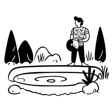 Perseus standing beside a calm pond, gazing down at his reflection on the water's surface. He is wearing intricately detailed armor, with a shield resting against a nearby tree. The surrounding environment features lush greenery, with tall trees and scattered rocks enhancing the natural scene. Soft ripples distort his reflection, creating a sense of contemplation as he prepares for his next challenge.