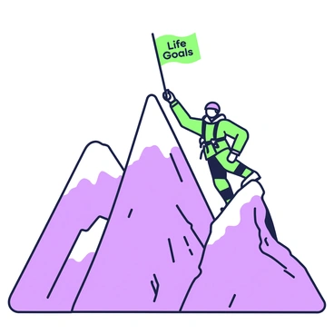 A tall mountain peak rises majestically into the sky. At the summit, there is a flag that reads "Life Goals," waving gently in the wind. A climber, wearing a bright jacket and equipped with climbing gear, is reaching out towards the flag with determination. The climber's face shows a mixture of struggle and exhilaration. In the background, there are rugged slopes and distant mountains, emphasizing the height and achievement of reaching the peak. Snow rests on the highest points of the mountain, adding to the adventurous atmosphere.
