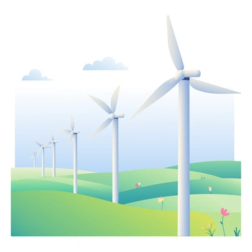 A series of tall wind turbines with sleek white blades are spinning gracefully in a wide, open field. The turbines are positioned at varying distances, creating a rhythmic alignment across the landscape. The field is covered in vibrant green grass, with occasional wildflowers adding splashes of color. In the background, a clear blue sky stretches across the horizon, with a few fluffy white clouds scattered. The sunlight casts soft shadows on the ground, highlighting the gentle undulations of the terrain. The scene conveys a sense of openness and tranquility, with the wind turbines actively harnessing the natural energy around them.