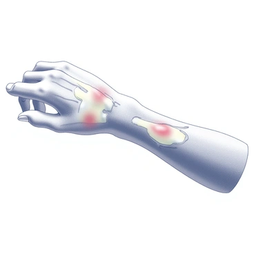 A human wrist depicted in a close-up view. The wrist is positioned with the palm facing up, showcasing the intricate anatomy. Areas affected by pain are highlighted with clear, defined markings. The skin is textured, showing realistic details such as wrinkles and fine lines. Tendons and veins are visible beneath the skin surface, adding to the anatomical accuracy. Each section indicating pain is annotated with a label stating "Pain Area," emphasizing the focus on discomfort in specific regions. The overall presentation is informative and visually engaging.