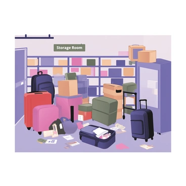 A chaotic scene of luggage spilling out of a storage room at the airport