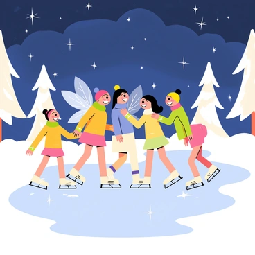 A group of fairies wearing colorful scarves is ice skating on a frozen pond. The fairies have delicate wings that shimmer in the moonlight, and their expressions are joyful as they glide across the ice. The pond is surrounded by snow-covered trees, and twinkling stars fill the night sky above them. Small ice crystals sparkle on the surface of the pond, reflecting the light from the stars.