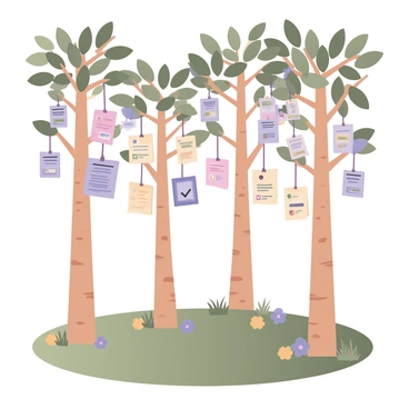 A digital flat illustration featuring a whimsical forest filled with tall, slender trees. The trunks are a light brown color with textured bark, and the leaves are vibrant shades of green. From the branches, colorful surveys are hanging, each with different designs and playful fonts. The surveys have bright colors like pink, blue, and yellow, with various questions and checkboxes printed on them. The ground is covered in soft green grass, with patches of flowers in shades of purple and yellow scattered throughout. Gentle sunlight filters through the leafy canopy, casting dappled shadows on the forest floor.