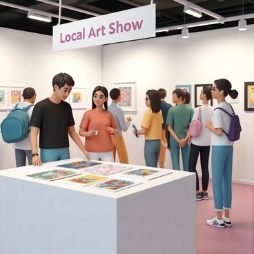 An illustrator presenting their work at a local art show, interacting with visitors