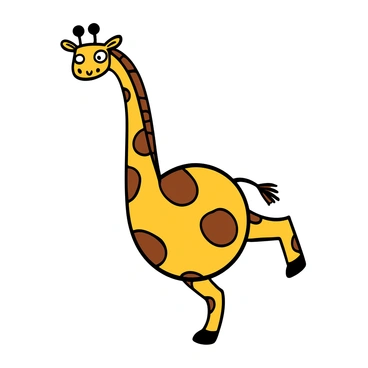 An animal with exaggerated features, including a giraffe with a tiny head and a long, slender neck. The body is oversized and round, with short, stocky legs that appear disproportionate to its height. The giraffe's skin is a vibrant yellow with large, irregular brown spots. Its tiny head has large, wide eyes, giving it a humorous expression, and small, pointy ears that stick out. The animal is standing in a playful pose, with one leg raised as if it is about to take a step.