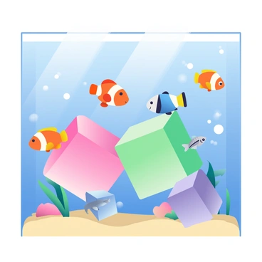 An aquarium where fish swim around floating 3D boxes