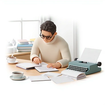 An author, dressed in a cozy sweater and glasses, is seated at a wooden desk. The desk is cluttered with notebooks, a cup of steaming coffee, and a vintage typewriter. The author is intently looking at a manuscript, which has several blank pages scattered around it, indicating missing content. The light from a nearby window casts soft shadows across the desk, creating a focused atmosphere for the author's creative process.