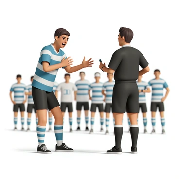 A rugby player, wearing a blue jersey with white stripes and black shorts, is passionately arguing with a referee, who is dressed in a black shirt and black shorts. The rugby player has short brown hair and a determined expression on his face as he gestures animatedly with his hands. The referee stands with an assertive stance, holding a whistle and looking directly at the player. In the background, there are players from both teams, some watching the argument while others are preparing for the next play. The scene captures the intensity of the moment during the game.