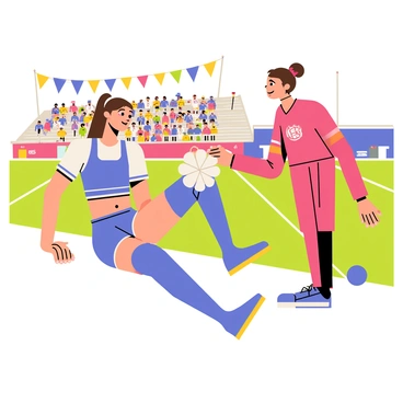 A cheerleader with a bright blue uniform and a white pom-pom is sitting on the sidelines. She has long brown hair tied up in a high ponytail. A friendly teammate with a pink uniform is giving her a shoulder massage. The cheerleader has a relaxed expression on her face. In the background, a football field is visible with cheering fans in the stands. There are colorful banners and flags waving gently in the breeze.