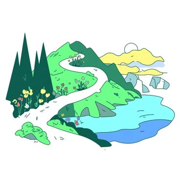 A winding path leads through a series of distinct landscapes. On one side of the path, there is a lush green forest filled with tall trees and vibrant flowers, suggesting growth and exploration. As the path continues, it transitions into a rocky terrain with steep cliffs, representing challenge and resilience. Further along, the landscape opens up to a tranquil blue lake that reflects a clear sky, symbolizing clarity and peace. Adjacent to the lake, there are rolling hills painted in soft yellow hues, indicating warmth and comfort. The overall composition conveys a journey filled with diverse experiences and transformations.