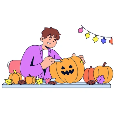 A man with short brown hair is focused on carving a large orange pumpkin. He is sitting at a wooden table, using a small knife to carefully cut out a spooky face on the pumpkin. Surrounding him are various autumn decorations, including colorful leaves scattered across the table and small pinecones. In the background, there are other pumpkins of different sizes and shapes, along with a string of twinkling lights that add a festive touch. The scene captures the essence of Halloween with warm colors depicting the fall season.
