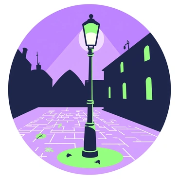 A single streetlight stands tall on a deserted street. The streetlight emits a soft, warm light that creates a circular pool of illumination on the pavement below. The cobblestone street stretches into the distance, flanked by old brick buildings that appear shadowy in the dim light. A few scattered leaves lie on the ground, and a light breeze causes them to rustle slightly. The sky above is dark, with a hint of deep blue, suggesting it is late evening. The overall scene conveys a sense of stillness and solitude.