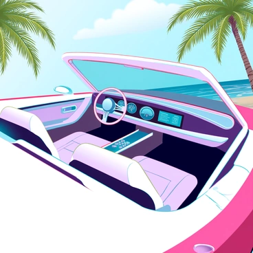 A sleek convertible car with the top down, revealing a luxurious interior. The seats are upholstered in rich, cream leather with intricate stitching patterns. The dashboard features a high-tech display panel with glowing blue accents. The steering wheel is sporty with a chrome finish and embedded buttons. Sunlight reflects off the polished chrome details throughout the interior, enhancing the opulence. The scenery in the background shows a clear blue sky and palm trees, suggesting a vibrant coastal drive.