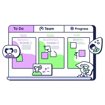 A kanban board is displayed prominently, divided into three sections labeled "To Do," "In Progress," and "Done." Each section contains several task cards with titles written in bold text. Small icons representing different team members are placed next to their corresponding task cards. Each icon features a unique design, such as a person with glasses, a person with curly hair, and a person wearing a hat. The board has a wooden texture, enhancing its detailed appearance. Sticky notes in various shapes and sizes are attached to the task cards, adding to the visual complexity of the kanban board.