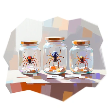 An illustration depicting a collection of various spider specimens preserved in glass jars. Each jar showcases a different species, highlighting their unique features such as intricate patterns on their abdomens and the distinct shapes of their legs. The jars are arranged on a wooden table, with light reflecting off the glass surfaces. Labels attached to each jar provide scientific names, adding an educational element to the composition. The background is softly blurred to keep the focus on the specimens.