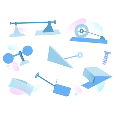 An illustration featuring a variety of simple machines arranged in a cohesive manner. On the left, there is a lever with a fulcrum, demonstrating the principle of leverage with a weight on one end and a person pushing down on the other. In the center, a pulley system is depicted with a rope threaded through a wheel, showcasing how it changes the direction of force. To the right, a wedge is shown being driven into a block of wood, and below it, an inclined plane is visualized with a box sliding down its surface. A small screw is illustrated next to the inclined plane, emphasizing its spiral shape. The background includes subtle gradient pastel colors to enhance the overall composition.