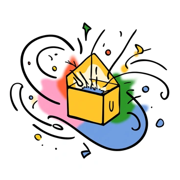 A small, rectangular box with a smooth surface is at the center of the image. The box is slightly open, with a soft glow emanating from inside. Surrounding the box are swirling winds depicted as curvy lines flowing around it, creating a sense of movement. Chaotic elements are emerging from the box, including colorful sparks, small orbs, and wispy tendrils that extend outward, all adding to the dynamic energy of the scene. The background is a gradient of colors that enhances the feeling of motion and chaos.