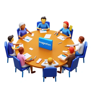 A wooden table with a "suggestion box" prominently placed on it. Stakeholders, a diverse group of individuals, are seated around the table. One stakeholder is writing a feedback note on a piece of paper, while another is dropping a note into the "suggestion box." There are various other feedback notes scattered across the table, and a few pens lying nearby. The atmosphere suggests active participation in a meeting setting.