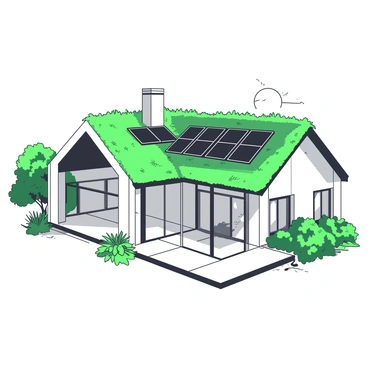 A white modern house features a vibrant green roof, which is covered in healthy vegetation. The roof is equipped with sleek, black solar panels seamlessly integrated into its design, positioned to capture sunlight efficiently. Large glass windows adorn the front facade, allowing natural light to flood the interior. The house is surrounded by a small garden with various plants, adding to the eco-friendly aesthetic.