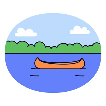 A lone canoe gliding smoothly across calm waters with gentle ripples. The canoe is wooden and has a simple, elongated shape. Surrounding the canoe, the surface of the Congo River reflects a clear blue sky with a few fluffy white clouds. On the horizon, lush green trees line the riverbank, creating a stark contrast against the blue water and sky. The sunlight casts soft shadows on the water, enhancing the tranquility of the scene.