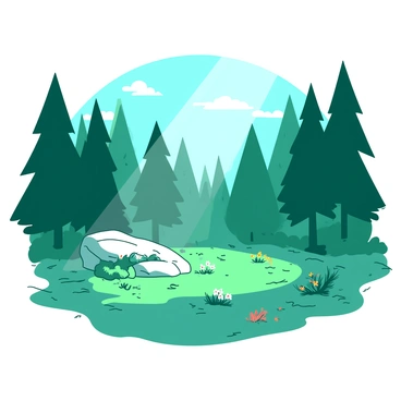 A teal forest clearing surrounded by tall green pine trees. Sunbeams are filtering through the branches, creating patterns of light and shadow on the ground. The ground is covered with a carpet of soft green moss and scattered brown pine needles. There are small patches of colorful wildflowers blooming among the greenery. In the center of the clearing, a large smooth rock is partially covered in moss, adding to the serene atmosphere.