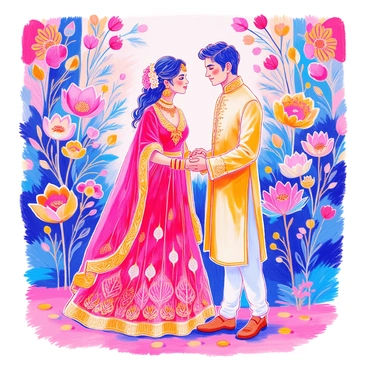 A modern Indian bride in a stunning red and gold lehenga is standing beside her groom who is wearing a cream-colored sherwani with intricate embroidery. They are holding hands, gazing into each other's eyes. The bride's hair is adorned with fresh flowers, and she has traditional jewelry sparkling against her attire. In the background, there are cultural symbols such as ornate paisley patterns and lotus flowers woven together, creating a vibrant tapestry of colors that enhances the scene. The brightness of the attire contrasts beautifully with the richness of the symbols behind them.