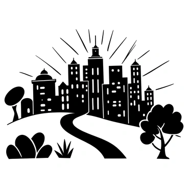 A city with tall buildings and illuminated windows situated on a hill, with beams of light radiating outward. The skyline features a prominent tower standing distinctively among the other structures. Surrounding the city, there are trees and pathways leading upwards, emphasizing the idea of ascent. In the foreground, a sturdy stone path winds through grasses, inviting exploration towards the city. The scene captures a sense of presence and purpose in the architecture and layout of the city.