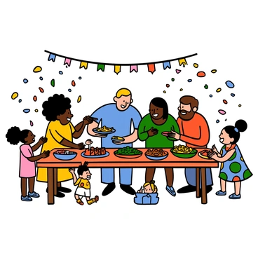 A diverse group of neighbors enjoying a block party, gathered around a long table filled with various dishes. There is a woman with dark skin and curly hair, wearing a bright yellow dress, serving food to a man with light skin and short blonde hair, who is wearing a blue t-shirt. Next to them, a woman with medium skin and straight black hair in a green top is laughing with a man with light skin and a beard, dressed in a red shirt. Children are playing nearby, one girl with pigtails and a colorful dress is holding a plate of food. The atmosphere shows happiness and connection as they share stories and laughter, surrounded by decorations and festive lights.
