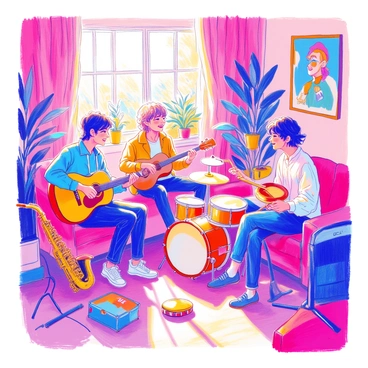 A group of friends having a jam session in a living room filled with musical instruments