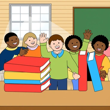 A colorful row of thick books with various cover designs, including bright red, blue, and yellow, is placed on a wooden table. In front of the table, a diverse group of excited children, wearing colorful clothes, are reaching out to take the books. The children have joyful expressions, with some showing big smiles and sparkling eyes. The backdrop includes a simple classroom with wooden walls and a chalkboard. Sunlight streams in through a small window, illuminating the scene and highlighting the importance of reading.