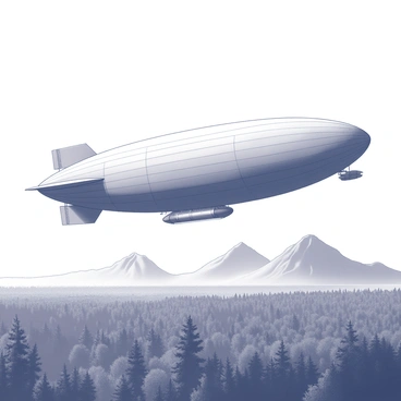 A large airship named "The Epoch" is soaring above a vast landscape. The airship has a distinct, elongated shape with a sleek hull and multiple compartments. Below, a dense expanse of lush forests stretches across the ground, with a variety of tree shapes and sizes visible among the greenery. In the distance, there are majestic mountains that rise sharply against the sky, showcasing rugged peaks and subtle slopes. The scene captures a sense of height and freedom, with "The Epoch" gliding gracefully over the natural beauty below.