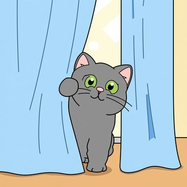A fluffy gray cat with bright green eyes peeking out from behind a light blue curtain. The cat's ears are perked up, and its whiskers are prominently displayed. The curtain drapes down with soft folds, gently swaying as the cat's paw rests on the edge. Sunlight filters through the curtain, casting soft shadows on the floor. The cat's expression is playful and inquisitive, suggesting a moment of mischief waiting to unfold.
