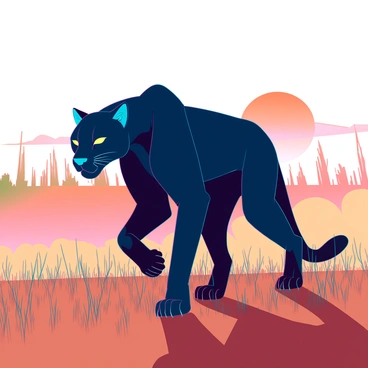 A sleek panther with glossy black fur is stalking its prey across the golden savannah. Its muscles are tense and ready, showing the power and agility of the big cat. The sun is setting in the background, casting a warm orange glow across the landscape. Silhouettes of tall grass sway gently with the evening breeze. The panther's keen yellow eyes are focused intently ahead, locked on its target, underlining its predatory nature. Shadows stretch long and dramatic as the last rays of sunlight illuminate the scene.